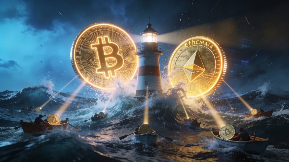 เหรียญ Bitcoin และ Ethereum เรืองแสงลอยเหนือประภาคารกลางทะเลคลื่นแรง มีเรือเล็กแล่นฝ่าพายุยามค่ำคืน