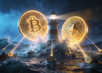 เหรียญ Bitcoin และ Ethereum เรืองแสงลอยเหนือประภาคารกลางทะเลคลื่นแรง มีเรือเล็กแล่นฝ่าพายุยามค่ำคืน