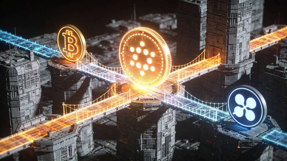 โลโก้ Cardano อยู่กึ่งกลาง เชื่อมสะพานดิจิทัลไปยัง Bitcoin และ XRP ในเมืองบล็อกเชนอนาคต