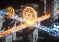 โลโก้ Cardano อยู่กึ่งกลาง เชื่อมสะพานดิจิทัลไปยัง Bitcoin และ XRP ในเมืองบล็อกเชนอนาคต