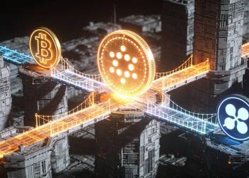โลโก้ Cardano อยู่กึ่งกลาง เชื่อมสะพานดิจิทัลไปยัง Bitcoin และ XRP ในเมืองบล็อกเชนอนาคต