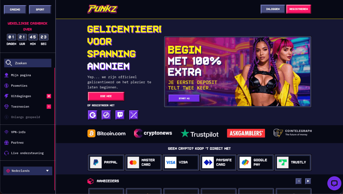 Punkz - 100% bonus bij dit Telegram casino