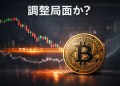 ビットコイン価格の調整局面を示すチャートとBTCコインのイメージ