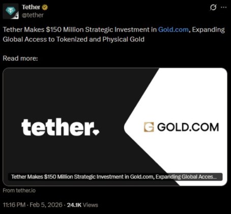 Tether's X post announcing the Gold.com investment,