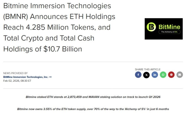 Official press release announcing BitMine's $ETH buy.