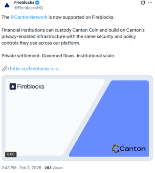 Fireblocks' x post about integrating with Canton Netowrk.