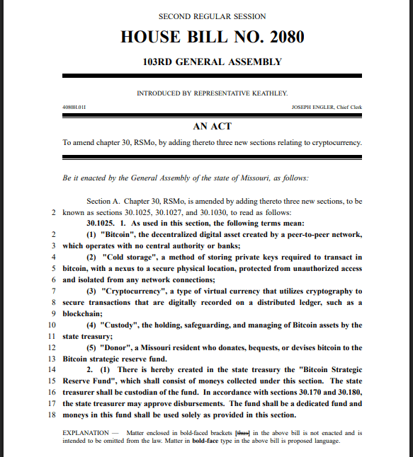 Bitcoin In The Heartland: Missouri Advances Strategic Reserve Bill