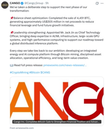 Cango X announcement of $BTC sale.