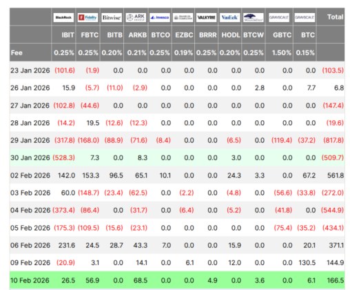 Farside data showing Bitcoin ETF outflows.