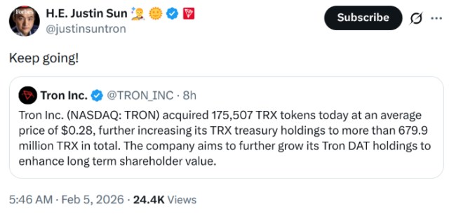 Justin Sun's X post about $TRX.