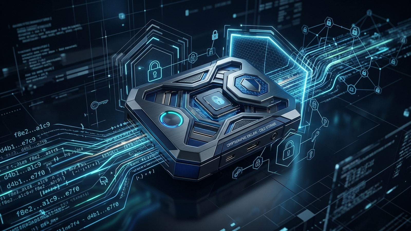 Hardware wallet cryptographic security and cold storage architecture illustration