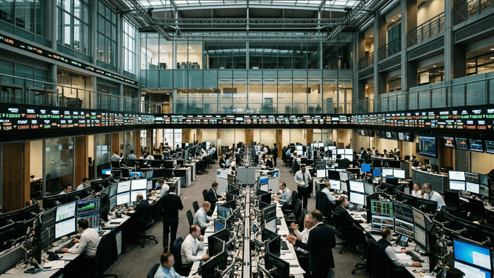 Editorial illustration of an institutional financial stock exchange trading floor and market infrastructure