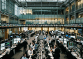 Editorial illustration of an institutional financial stock exchange trading floor and market infrastructure