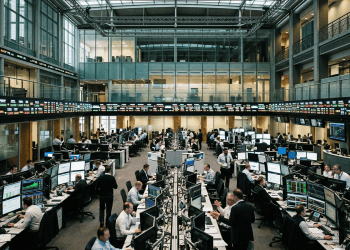 Editorial illustration of an institutional financial stock exchange trading floor and market infrastructure