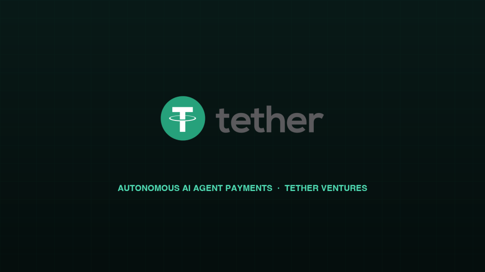 Tether corporate brandmark alongside autonomous AI agent payment rail diagram
